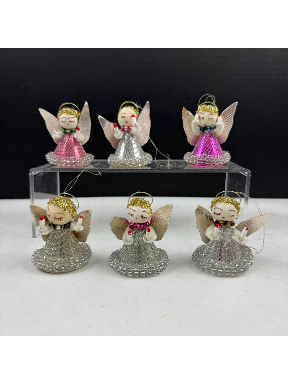 Vintage Spun Cotton Putz Mesh Dress Christmas Angel Ornaments Lot Of 6